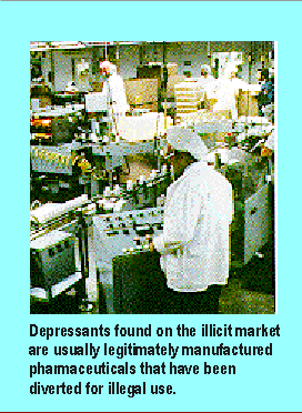 Depressants found on the illicit market are usually legitimately manufactured pharmaceuticals that have been diverted for illegal use.